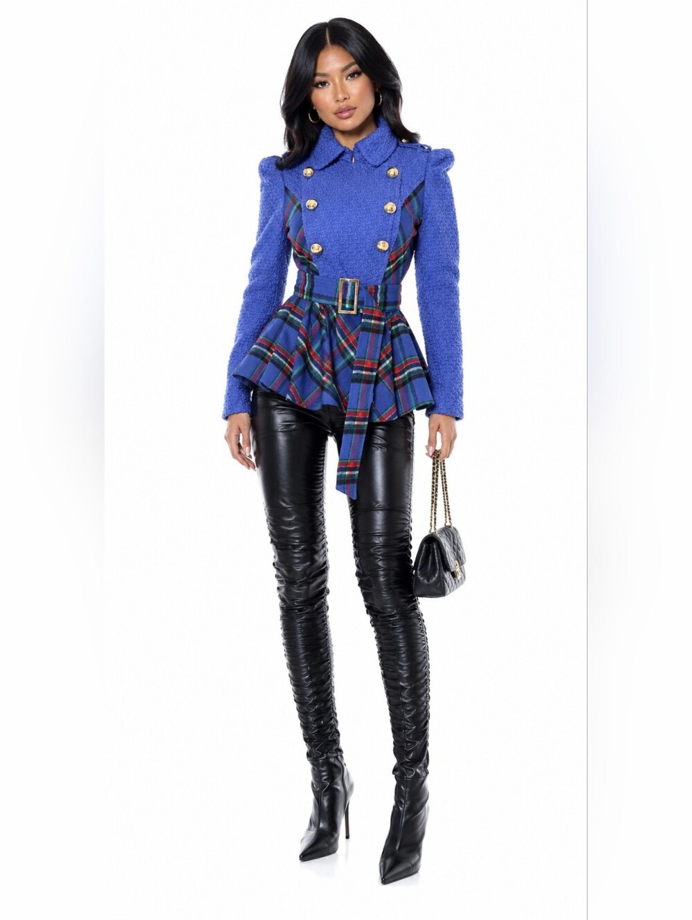 Blue Plaid Peplum Military Jacket Gold Buttons S